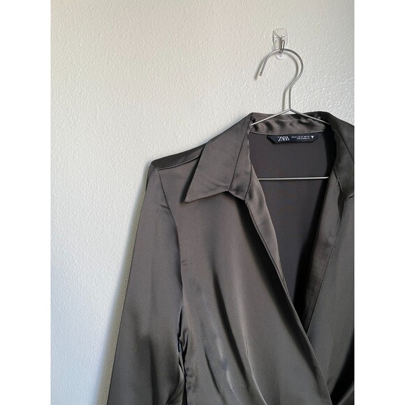 Zara Women's Short Satin Effect Wrap Mini Dress in Charcoal Size XS - Picture 2 of 5